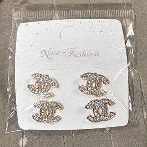 NWT CC Chanel Stud earrings rhinestones gold tone - 2 pair on card 15mm width